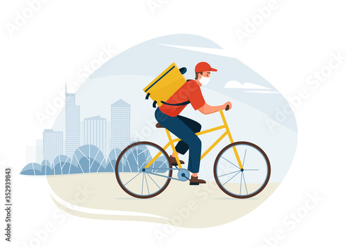 Delivery service vector illustration. Fast safe deliver by courier ride by bike to work or home, outdoor city landscape, cityscape. Worker wearing in respiratory mask to prevent corona virus pandemic