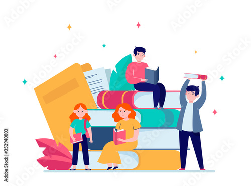 Focused tiny people reading books. Studying, story, library flat vector illustration. Knowledge and education concept for banner, website design or landing web page