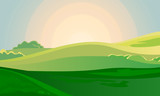 Summer green landscape field dawn above hills with grass. Sunrise in countryside. Cartoon eco farm park. Vector illustration nature backdrop