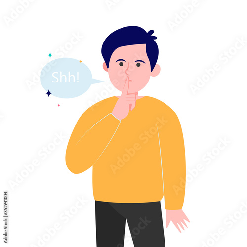 Young serious man with silence hand gesture flat vector illustration. Cartoon shh guy holding forefinger near closed mouth. Business secret and please keep quiet concept