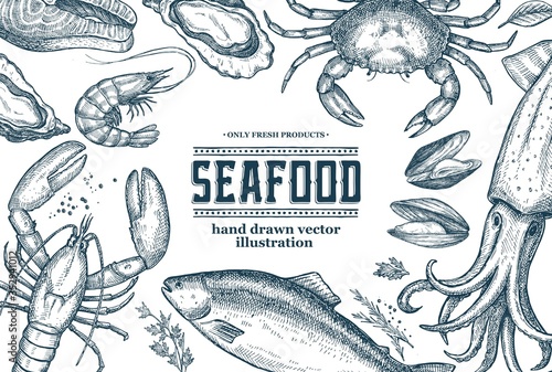 Sea food. A set of illustrations for the design of the menu of restaurants, and shop windows of fish shops.