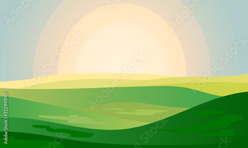 Summer green landscape field dawn above hills with grass. Sunrise in countryside. Cartoon eco farm park. Vector illustration nature backdrop