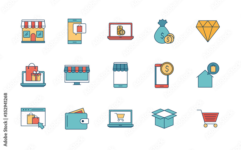 Shopping online line and fill style icon set vector design Shopping online line and fill style icon set vector design