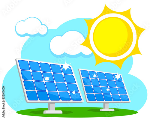 Solar panels on a background of sky and sun