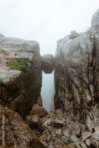Kjeragbolten in Norway without people covered in fog