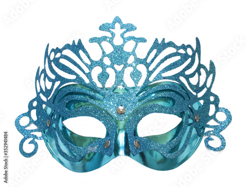 Blue carnival mask with glitter isolated on white background.