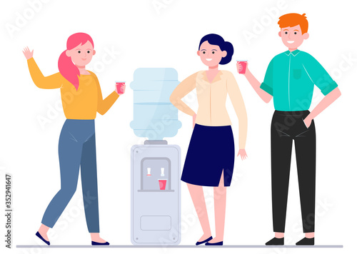 Office cooler meeting flat vector illustration. Cartoon young colleagues drinking water near dispenser and talking. Workplace and coffee break concept