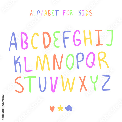 Bright children English alphabet drawn in Doodle style. Vector illustration of the English alphabet. All letters are isolated, suitable for making any inscriptions.