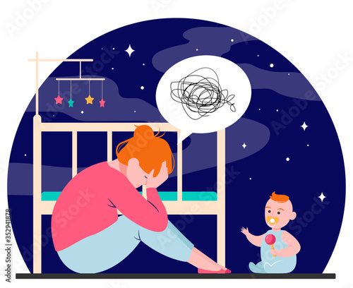 Depressed woman with newborn flat vector illustration. Sleepy tired young mom sitting near bed and baby in anxiety mood. Motherhood and parenting difficulties concept