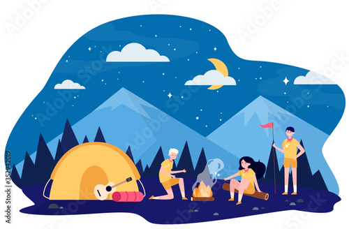Children at campfire in mountain forest flat vector illustration. Cartoon scouts camping, sitting near fire and frying marshmallow. Adventure and summer vacation concept