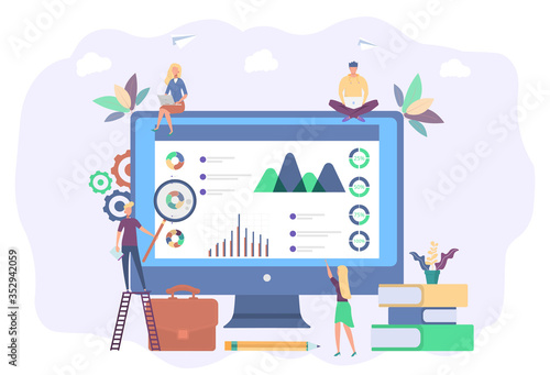 SEO analytics. Search engine optimization analysis concept. IT professionals work with analytic web pages with graphs. Colorful vector illustration.