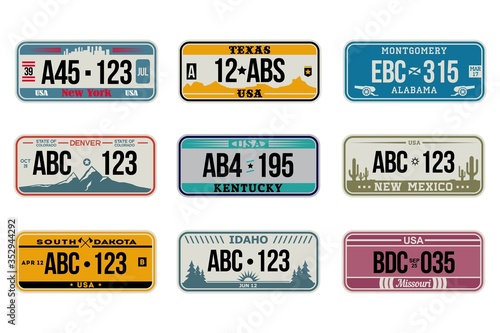 USA car number plates set. American license, retro design, Idaho, New Mexico, Missouri, Denver. Flat vector illustrations for vehicle driving, registration signs, automobile identity, travel concept