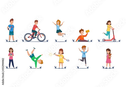 Kids cartoon vector illustration in casual clothes funny kids playing outside.