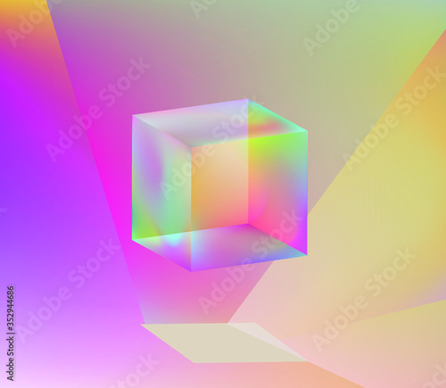 Cube or Rectangular Cuboid Prism in neon holographic colors, showing light refraction effect. Abstract vector illustration for science or technology cover.