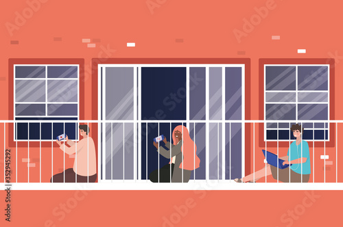 People with smartphone at window balcony of red building vector design