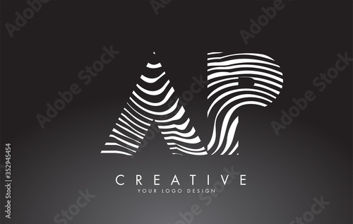 AP a p Letters Logo Design with Fingerprint, black and white wood or Zebra texture on a Black Background.
