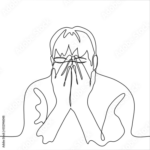 The man covered his face with his hands. A sad / tired / disappointed guy folded his hands on face and closed eyes. One continuous line drawing chagrin, annoyance, failure, cry, tired