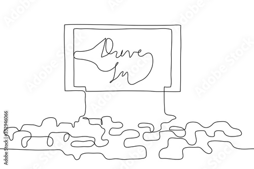 Figure with a car cinema: many cars face a huge screen, the screen says "drive in." One continuous line drawing is a summer cinema with lettering "drive in." Can be used for animation.