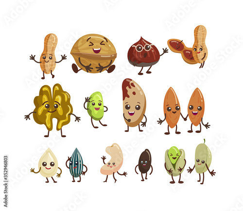 Cute nut characters flat icon set. Cartoon funny walnut, pistachio peanut, hazelnut, almond and pecan isolated vector illustration collection. Nature and mascot concept