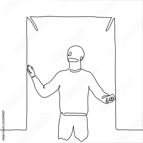 man stands inside a closed transparent cube. One continuous line drawing of a helpless guy isolated in a confined space. Can be used for animation.