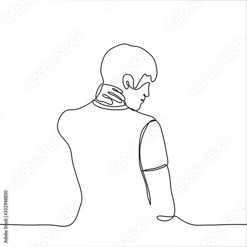 figure of a man from the back, his left hand on the back of the head, and the expression on his face - bewilderment, doubt, confusion. One continuous line drawing guy scratches his nape