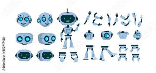 Futuristic robot constructor flat icon set. Cartoon android character design isolated vector illustration collection. Electronic equipment and humanoid animation concept