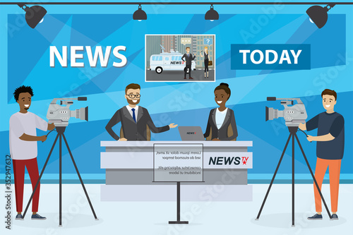 TV news. Anchorman and woman speaker talking in modern television studio. Business characters on workplace.