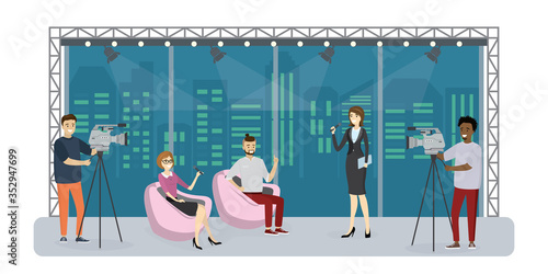 TV talk show. Cartoon woman presenter and guests talking in modern television studio. Cameramen create video content