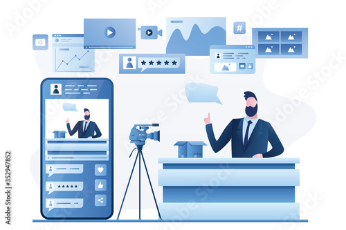 Handsome man blogger create video content. Unboxing video, product review. Male vlogger on workplace,