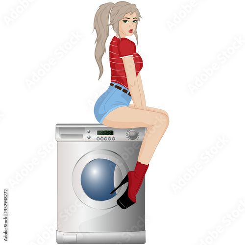 Girl sitting on a washing machine. Vector art