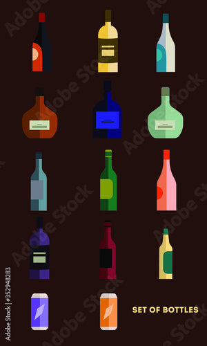 glass bottles set. cans. flat vector. icon