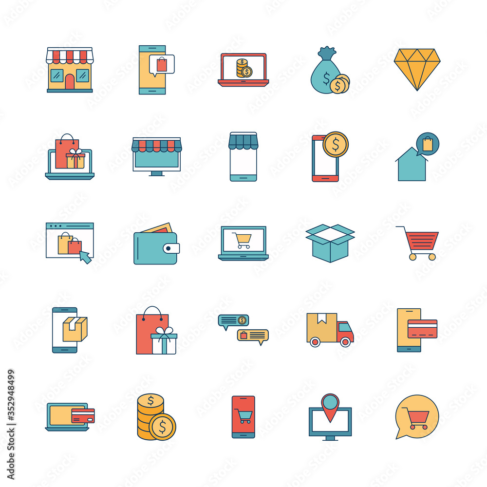 Shopping online line and fill style icon set vector design Shopping online line and fill style icon set vector design