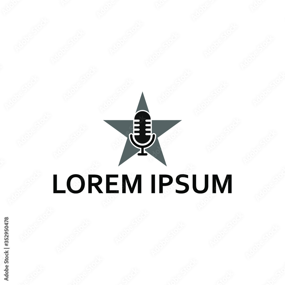 Obraz premium Podcast or stand up comedy logo design template. Retro microphone illustration with star white background. Vector illustration. EPS10.