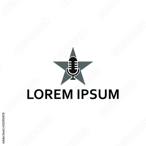 Podcast or stand up comedy logo design template. Retro microphone illustration with star white background. Vector illustration. EPS10.
