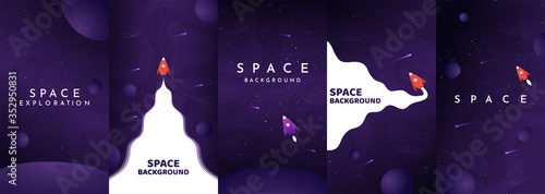 Vector flat illustration. Cosmos exploration. Phone wallpapers set. Element for design flyer, invitation, discount voucher, Violet background collection. Social media story template.  Universe concept