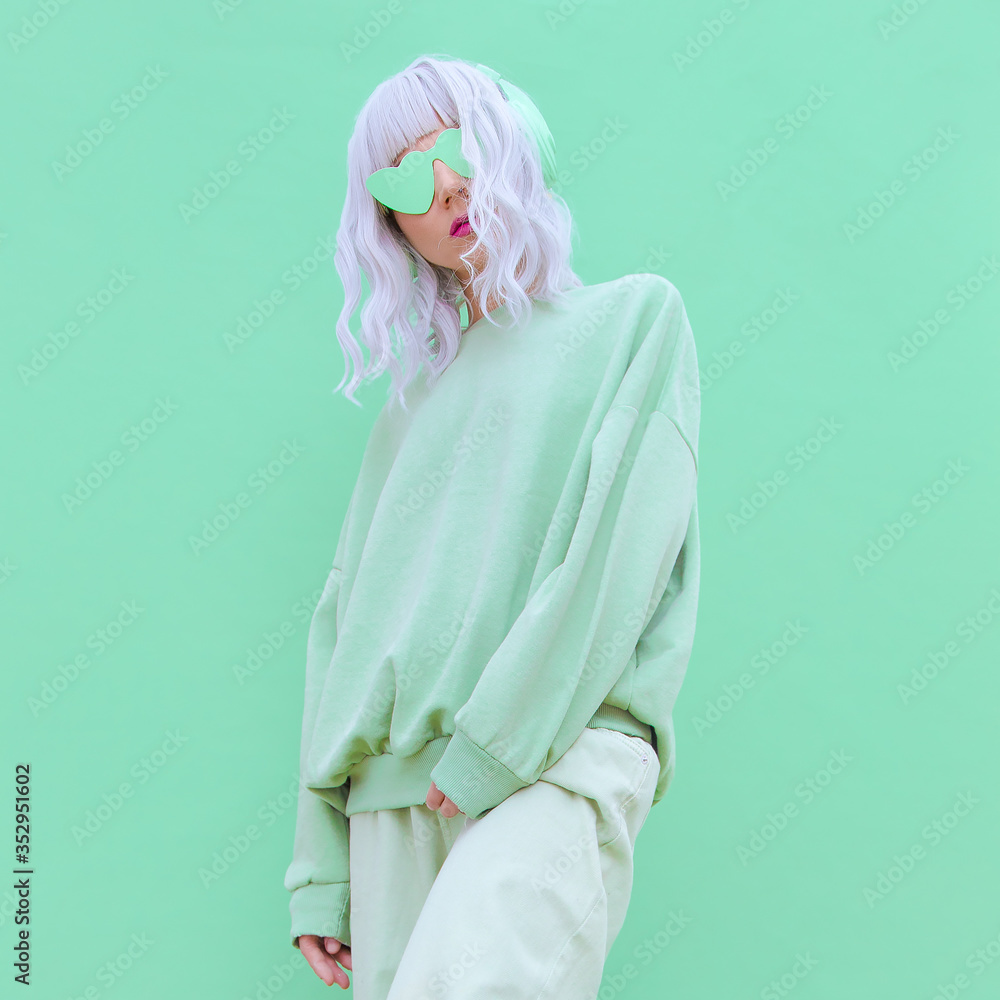 Dj Girl in Fresh Mint Fashion clothing. Minimal aesthetic monochrome design. Aqua menthe color trend Dj Girl in Fresh Mint Fashion clothing. Minimal aesthetic monochrome design. Aqua menthe color trend