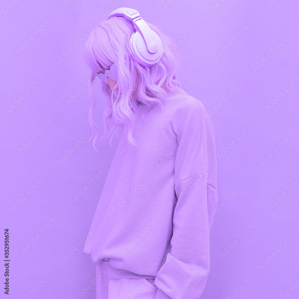 © Porechenskaya - Fresh Purple Dj Girl. Minimal monochrome color aesthetic. Stylish headphones, music lover concept