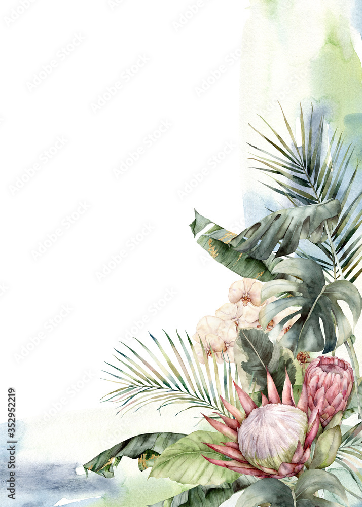 Obraz premium Watercolor tropical frame with orchids, protea and palm leaves. Hand painted tropical card with monstera and flowers isolated on white background. Floral illustration for design, print or background.