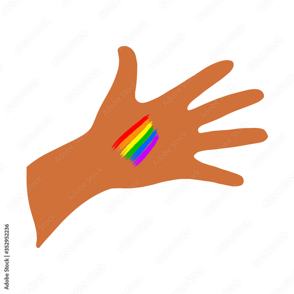 Obraz premium An open palm with dark skin and a rainbow on the hand.Flat illustration.LGBT.Vector illustration.