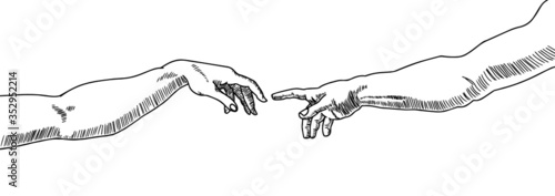 Vector drawing of two hands that try to helping reaches or touch and praying. Two hands. Protection, care, hand gesture. Handshake of friendship support isolated on white background.