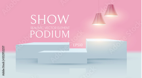 3D podium with shining lamps. Realistic minimal empty scene. Showcase and shelf. Trendy empty stage.
