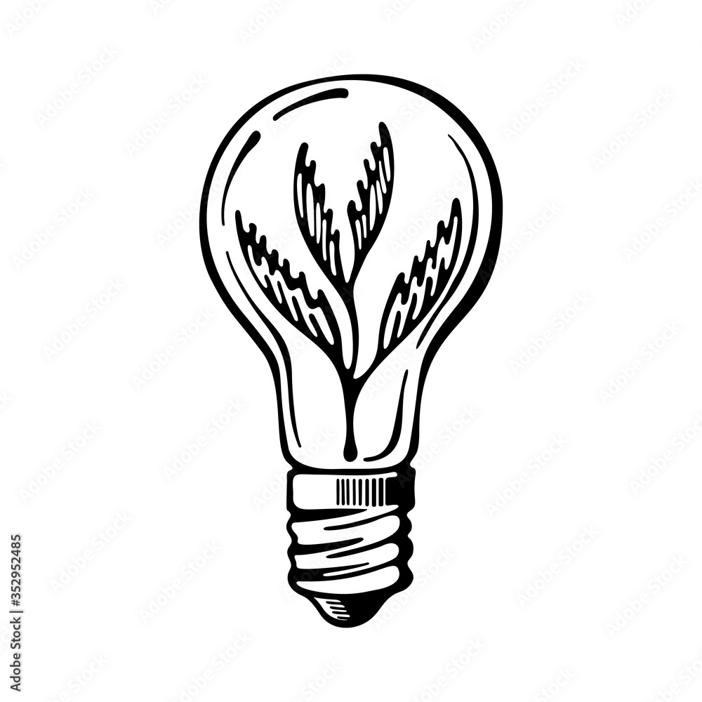 Naklejka premium Green eco energy concept, plant growing inside the light bulb. Hand-drawn icon vector isolated on white background