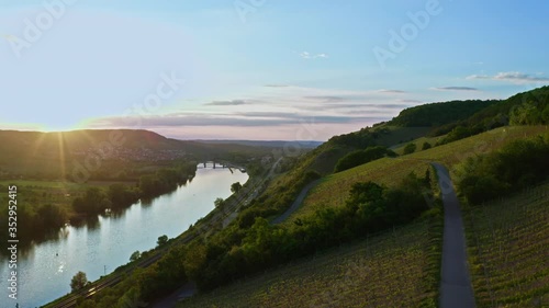 Aerial view of vineyard valley, hills, road and river. Beautiful sunset, romantic sky. Germany. Drone shot. 