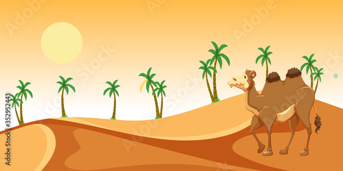 Desert camel composition with wasteland landscape and flat images with sun set
