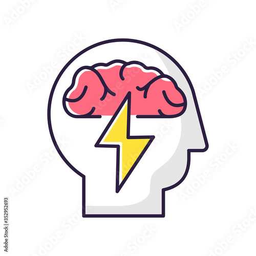 Brainstorming RGB color icon. Efficient approach to problem solving. Analytical mindset. Innovation, improvement. Psychological issue. Mental health. Human brain in head. Isolated vector illustration