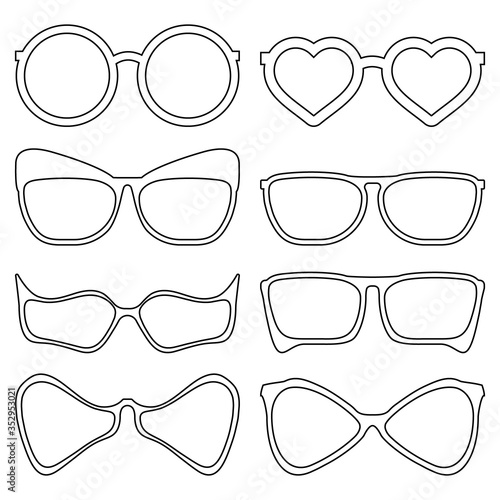 A set of stylish glasses drawn with a contour.Eyeglass frames for summer, party, beach.Decoration for the face.Vector illustration.