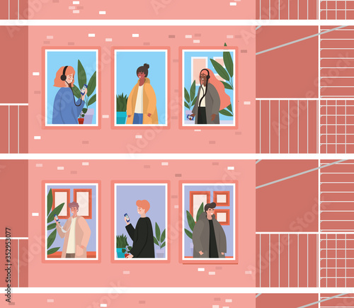 People with smartphone at windows of pink building with escape stairs vector design