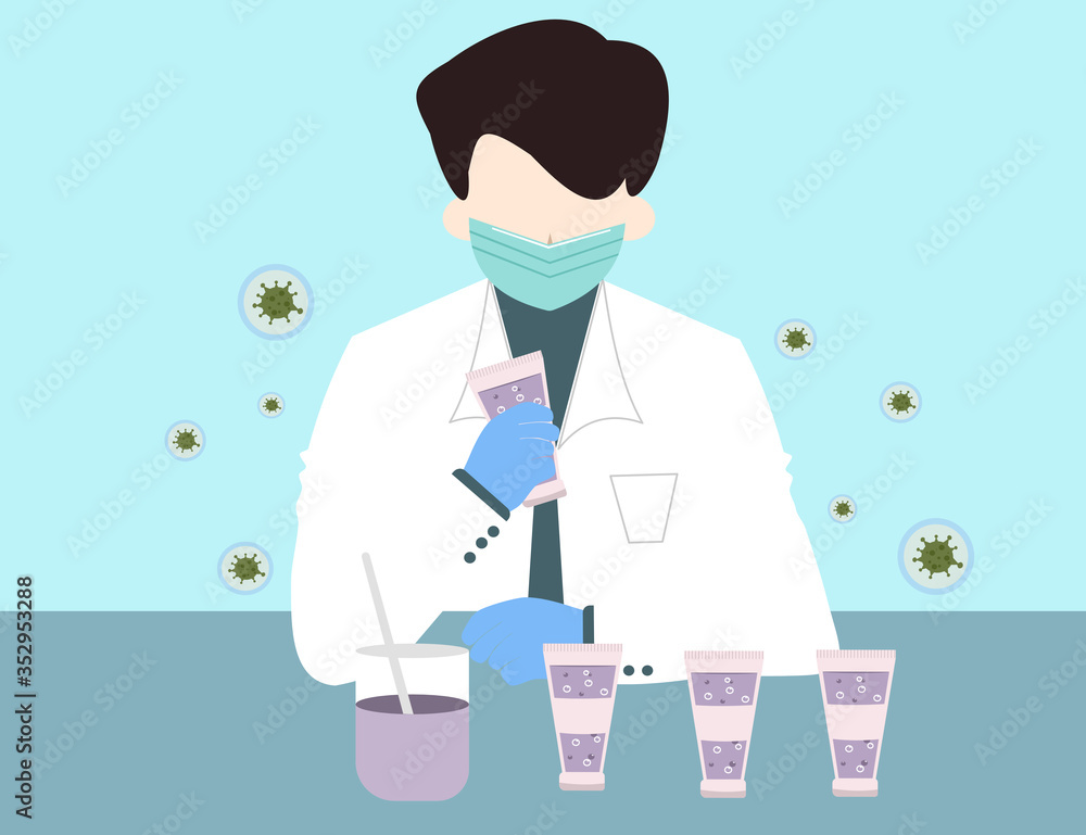 Chemist with hand sanitizer, alcohol gel in laboratory. Protect corona virus, bacteria. Vector illustration Chemist with hand sanitizer, alcohol gel in laboratory. Protect corona virus, bacteria. Vector illustration