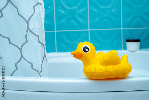 yellow duck in the bathroom, interior details on the bathtub