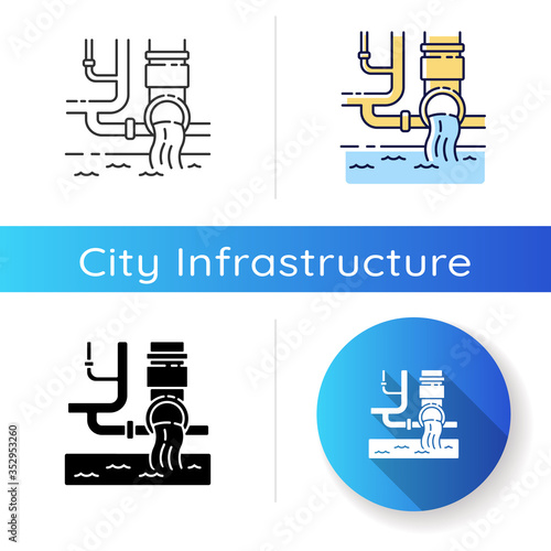 Water supply icon. Urban resource management. Sanitation pipe system. Pipeline infrastructure. Tap and waste water. Linear black and RGB color styles. Isolated vector illustrations